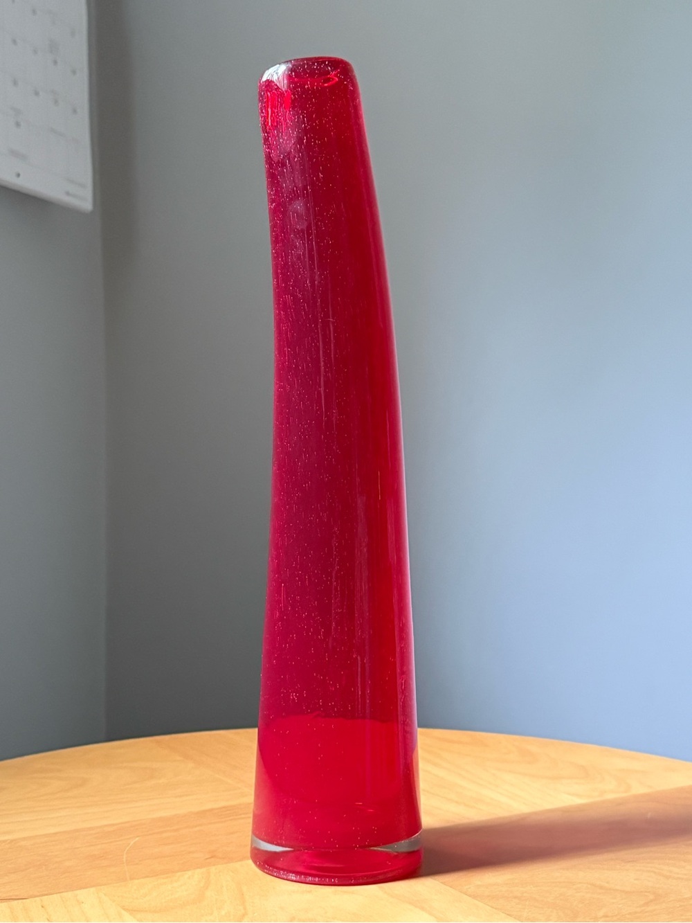 Tall Ruby Red Handblown Glass Curved Flower Bud Vase Shelf Vintage Home Decor